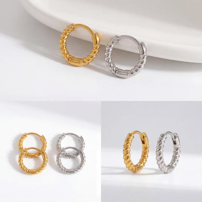 Gold and silver twisted rope huggie set, aesthetic display of small hoop earrings, timeless gift ideas for her under $30.