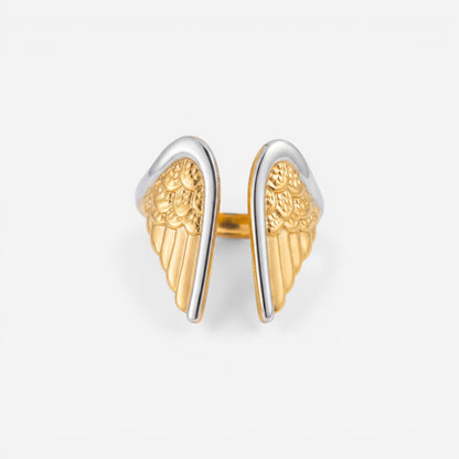 Gold angel wing open ring adjustable band vintage style waterproof jewelry.