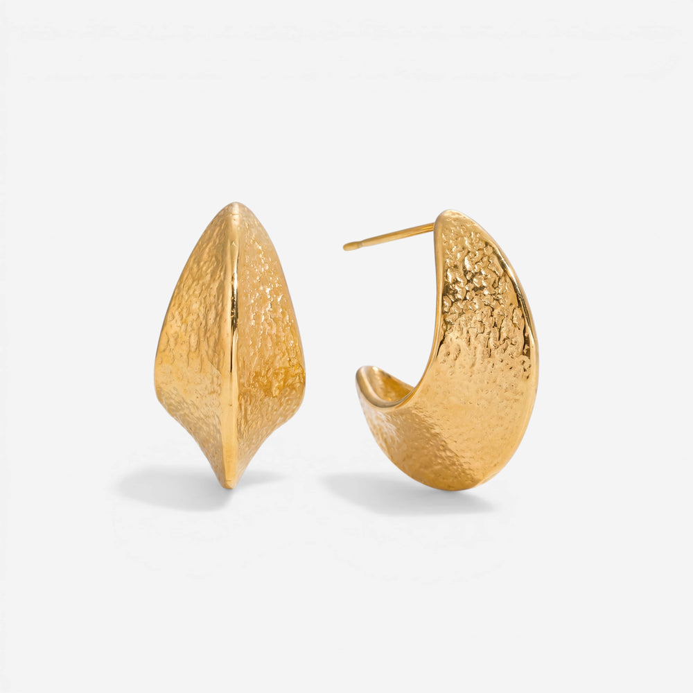 18k gold plated stainless steel textured dome hoops, anti-tarnish and water-resistant hoop earrings, vintage style hammered finish jewelry on white background.