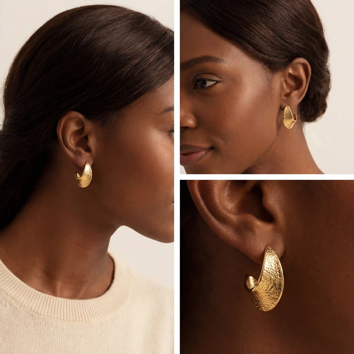 Gold textured hoop earrings on dark skin tone model, stylish chunky gold hoops distinct shape, hypoallergenic jewelry for modern women.