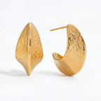 18k gold plated stainless steel textured dome hoops, anti-tarnish and water-resistant hoop earrings, vintage style hammered finish jewelry on white background.