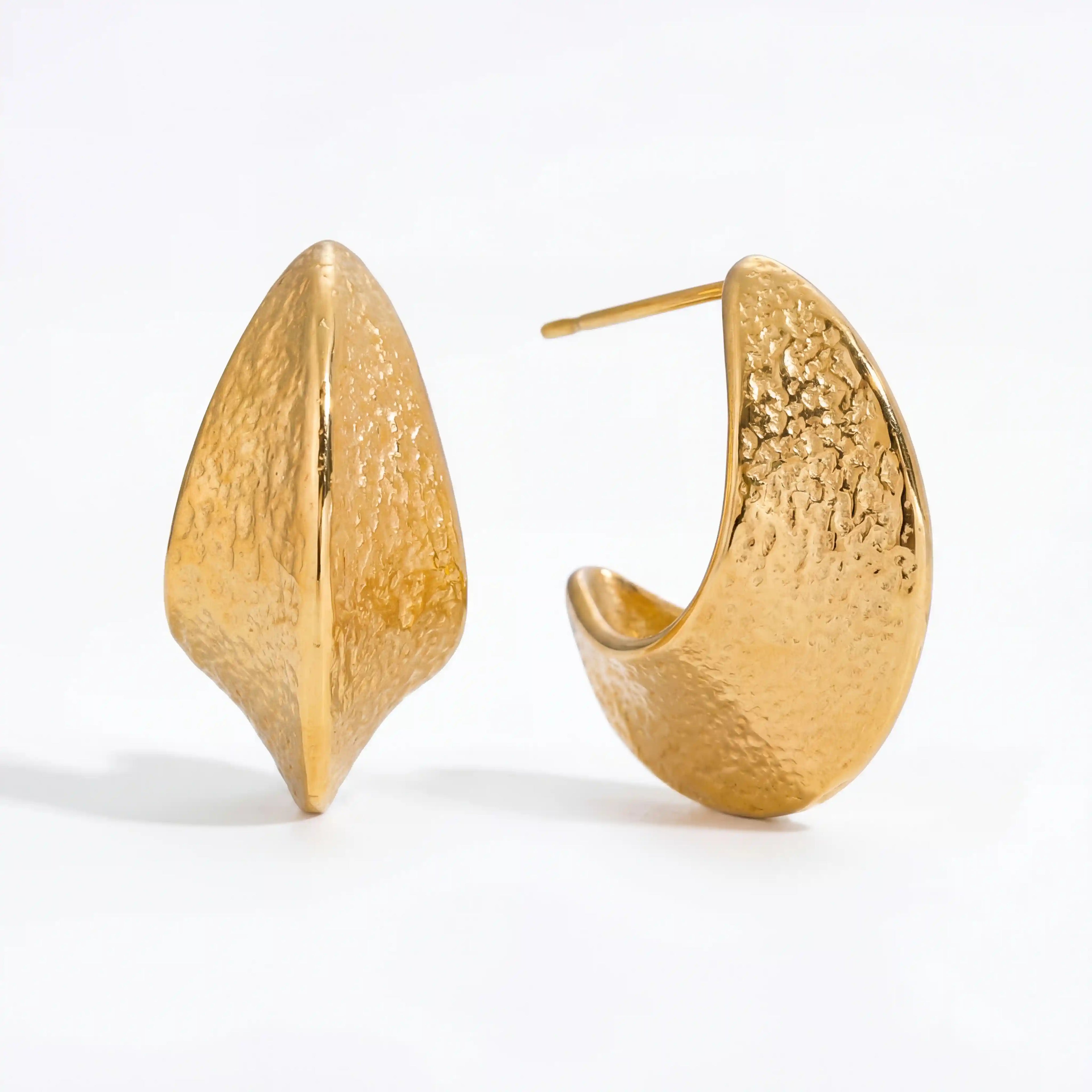 18k gold plated stainless steel textured dome hoops, anti-tarnish and water-resistant hoop earrings, vintage style hammered finish jewelry on white background.