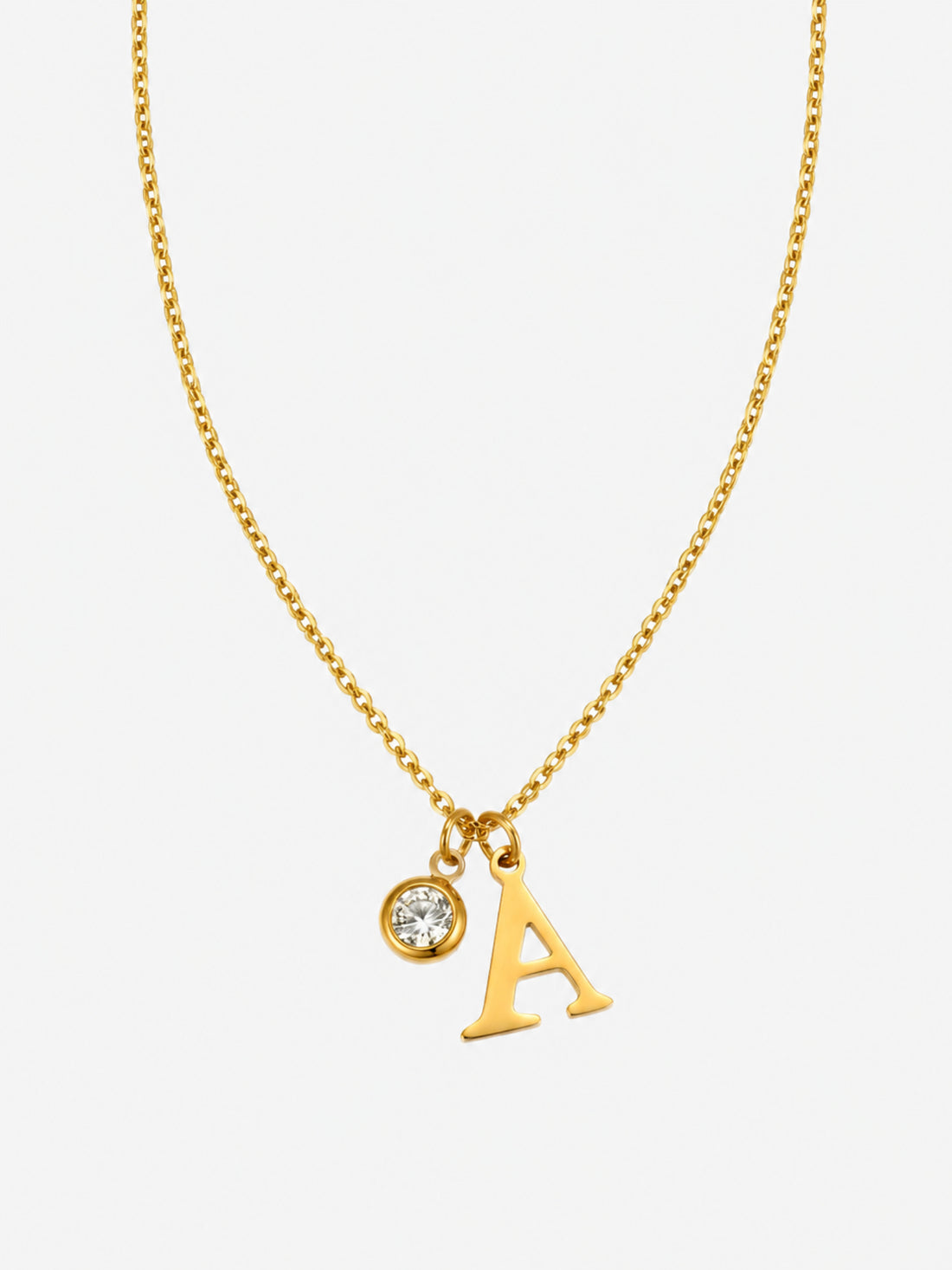 Signature Initial Zircon Necklace with gold letter pendant and clear round zircon charm