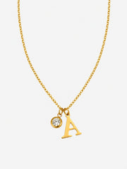 Signature Initial Zircon Necklace with gold letter pendant and clear round zircon charm
