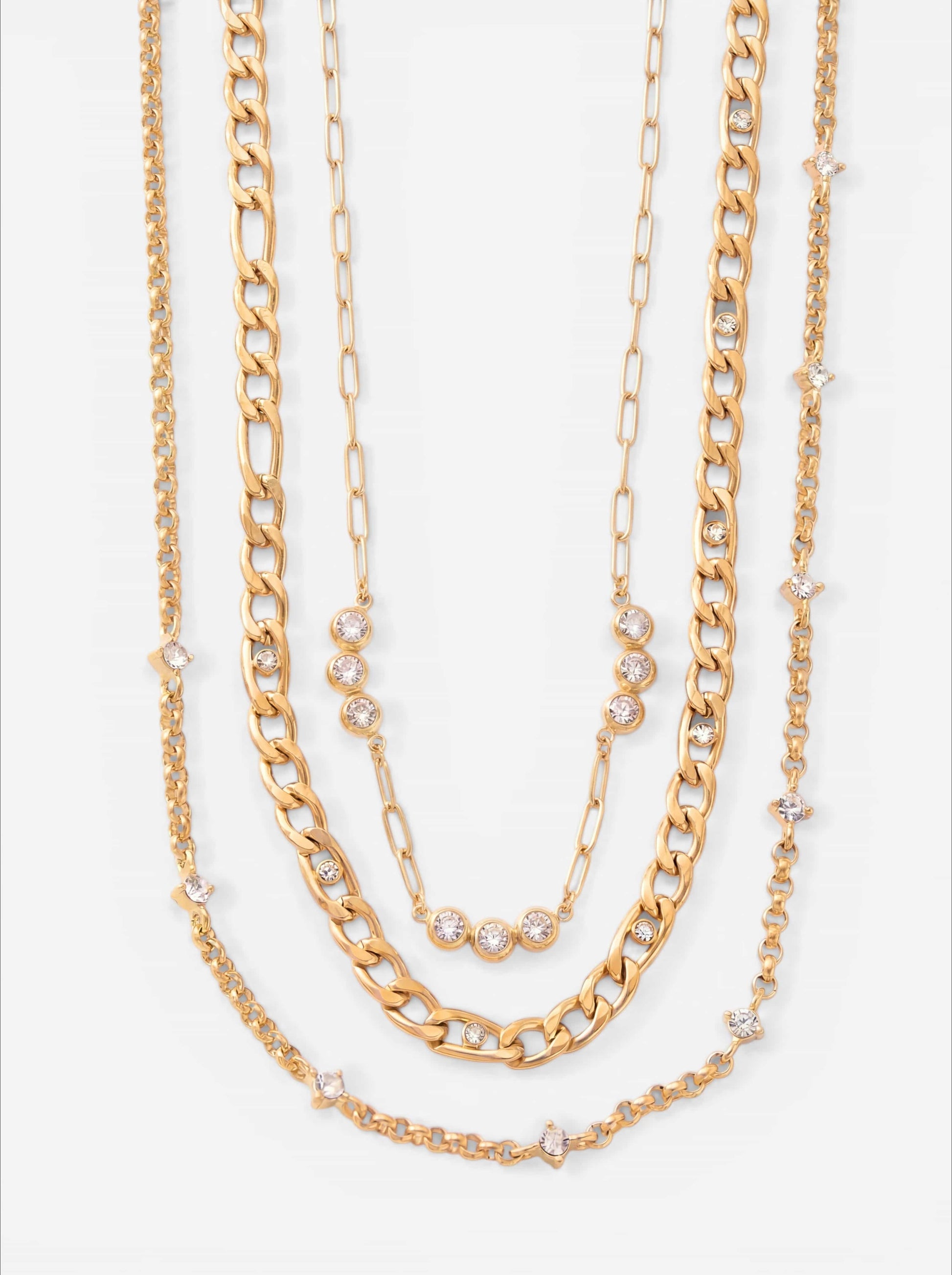 Gold 3-piece layering necklace set including chunky chain and dainty crystal chains waterproof stainless steel.