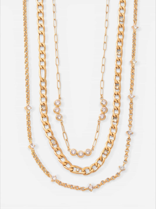 Gold 3-piece layering necklace set including chunky chain and dainty crystal chains waterproof stainless steel.