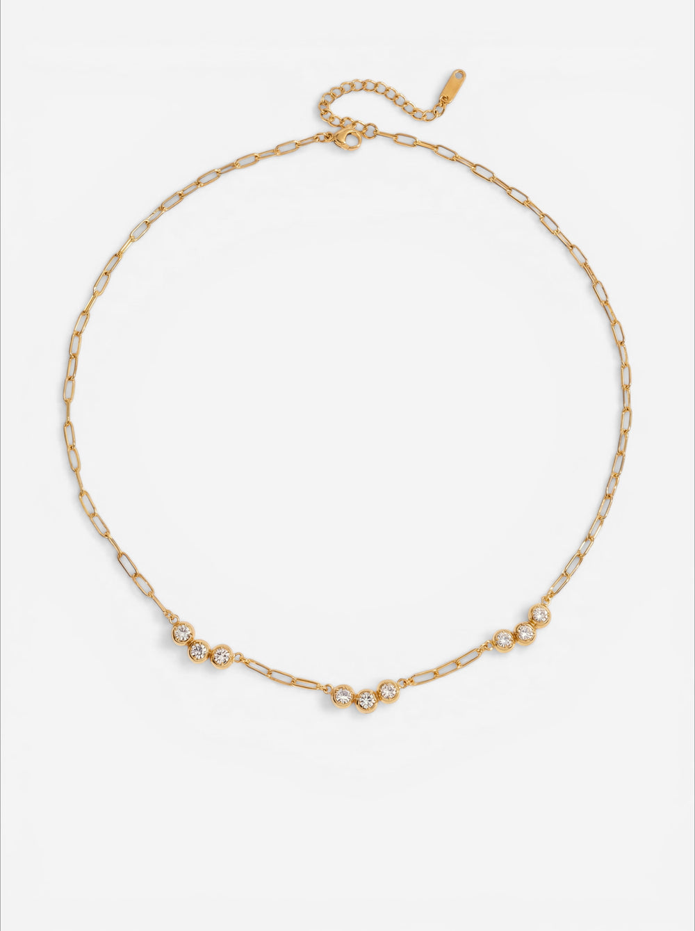 Gold paperclip chain necklace featuring three bezel set crystals waterproof stainless steel jewelry.