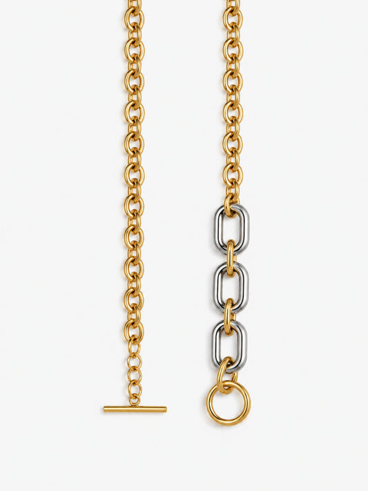 Gold and silver two-tone chunky chain necklace with toggle clasp