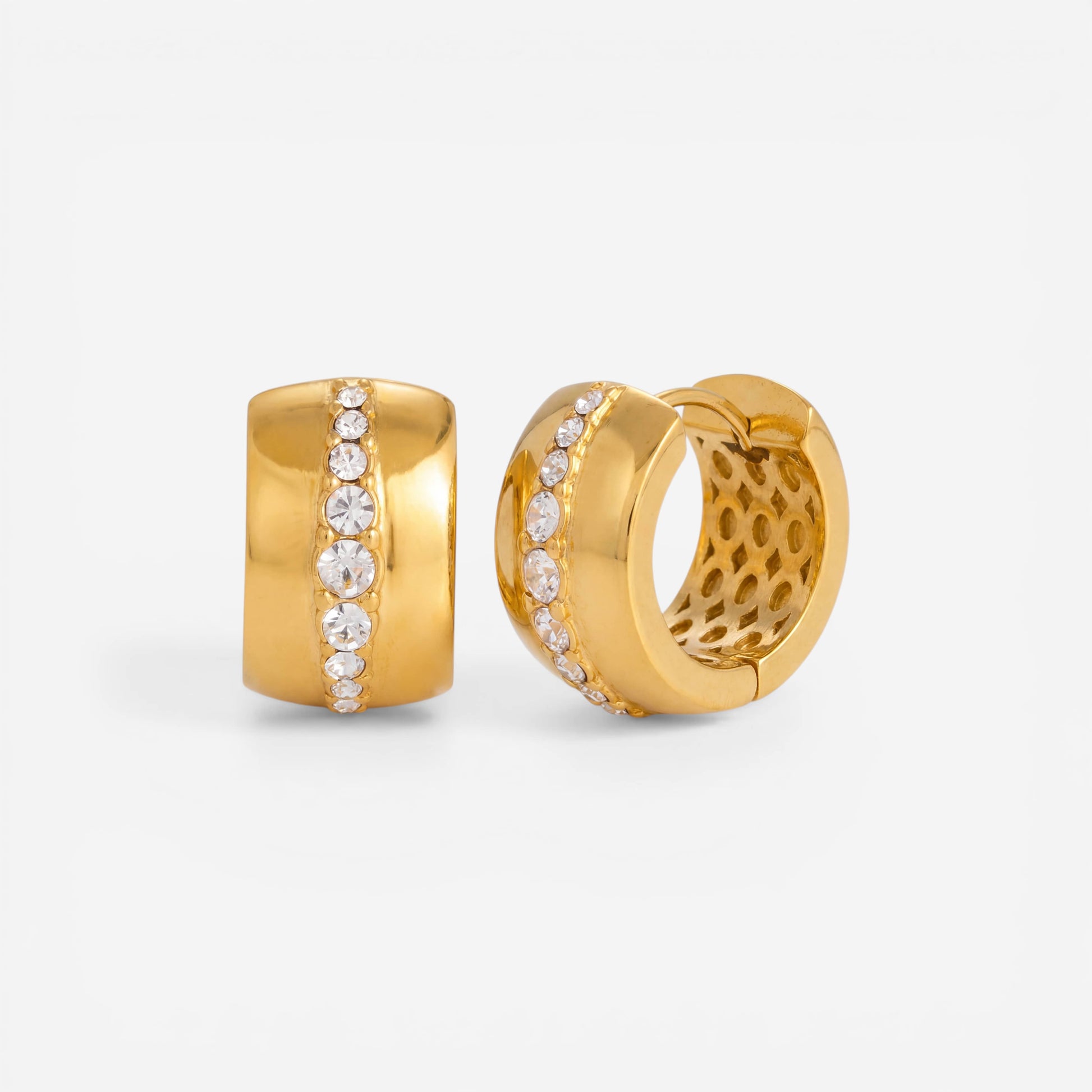 Pair of wide gold hoop earrings with central cubic zirconia line waterproof stainless steel.