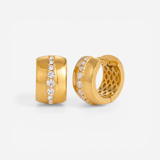 Pair of wide gold hoop earrings with central cubic zirconia line waterproof stainless steel.