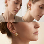 Lifestyle photography collage of woman styling elegant gold and crystal chunky hoops.