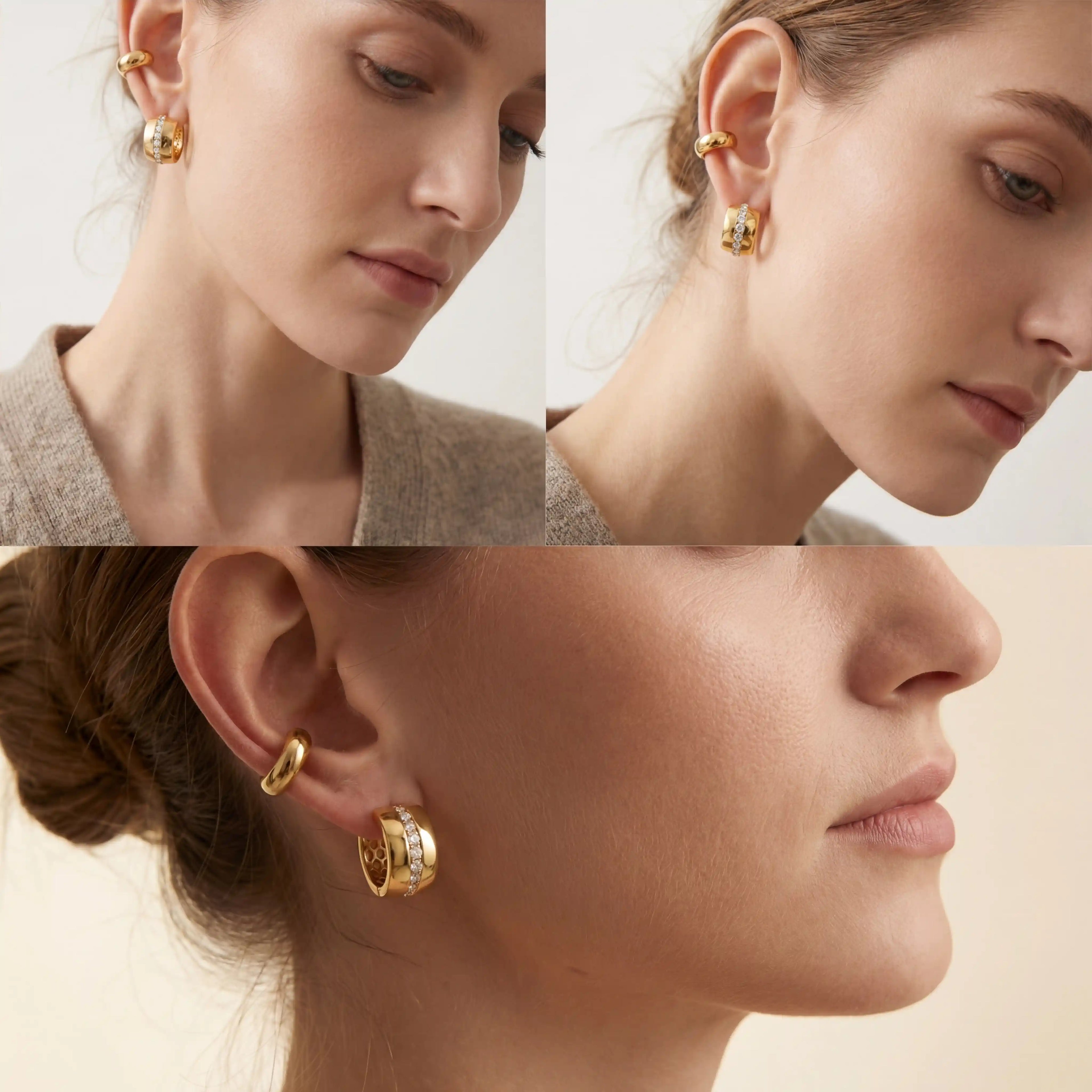 Lifestyle photography collage of woman styling elegant gold and crystal chunky hoops.