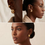 Model with dark skin wearing wide gold hoop earrings with sparkle detail office jewelry.