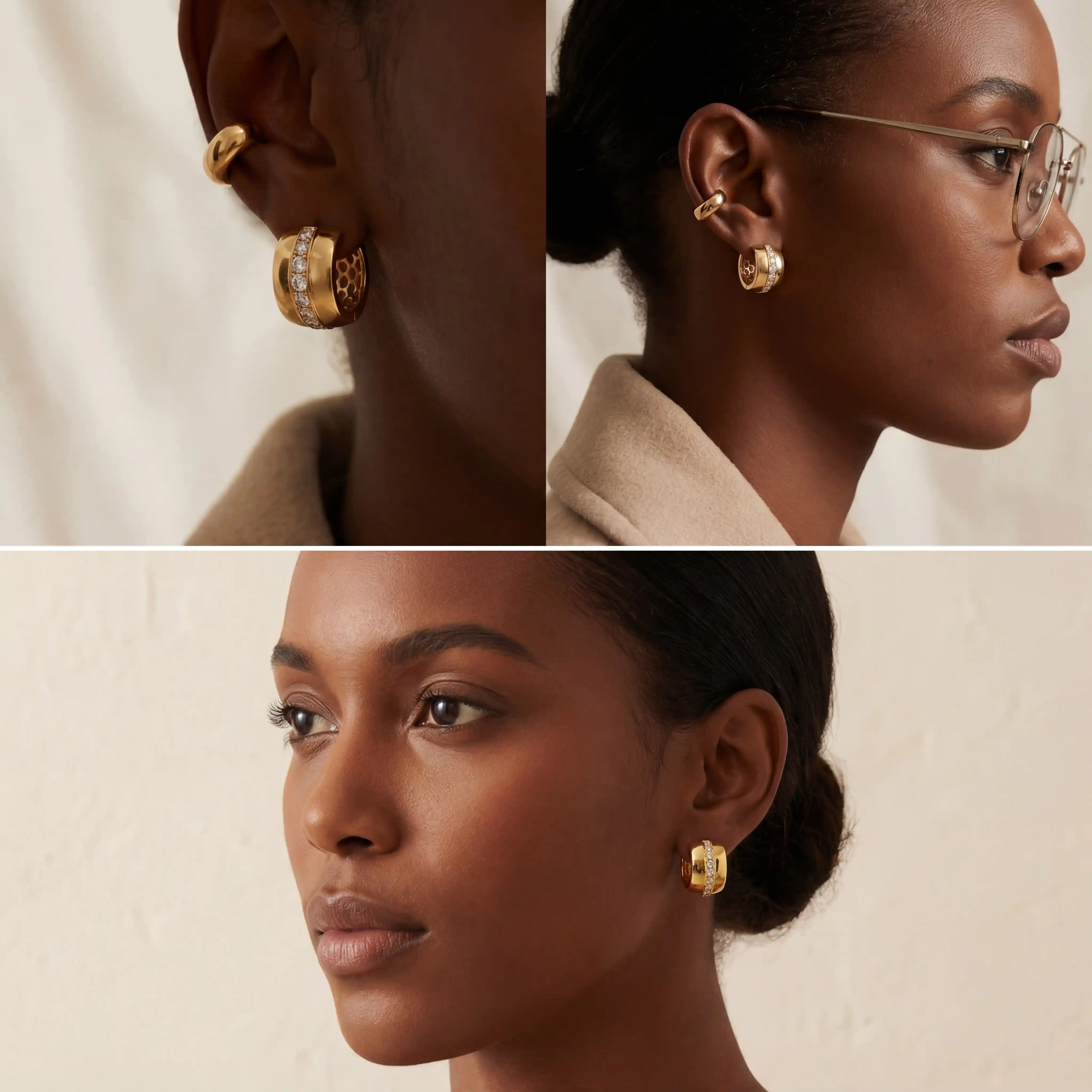 Model with dark skin wearing wide gold hoop earrings with sparkle detail office jewelry.