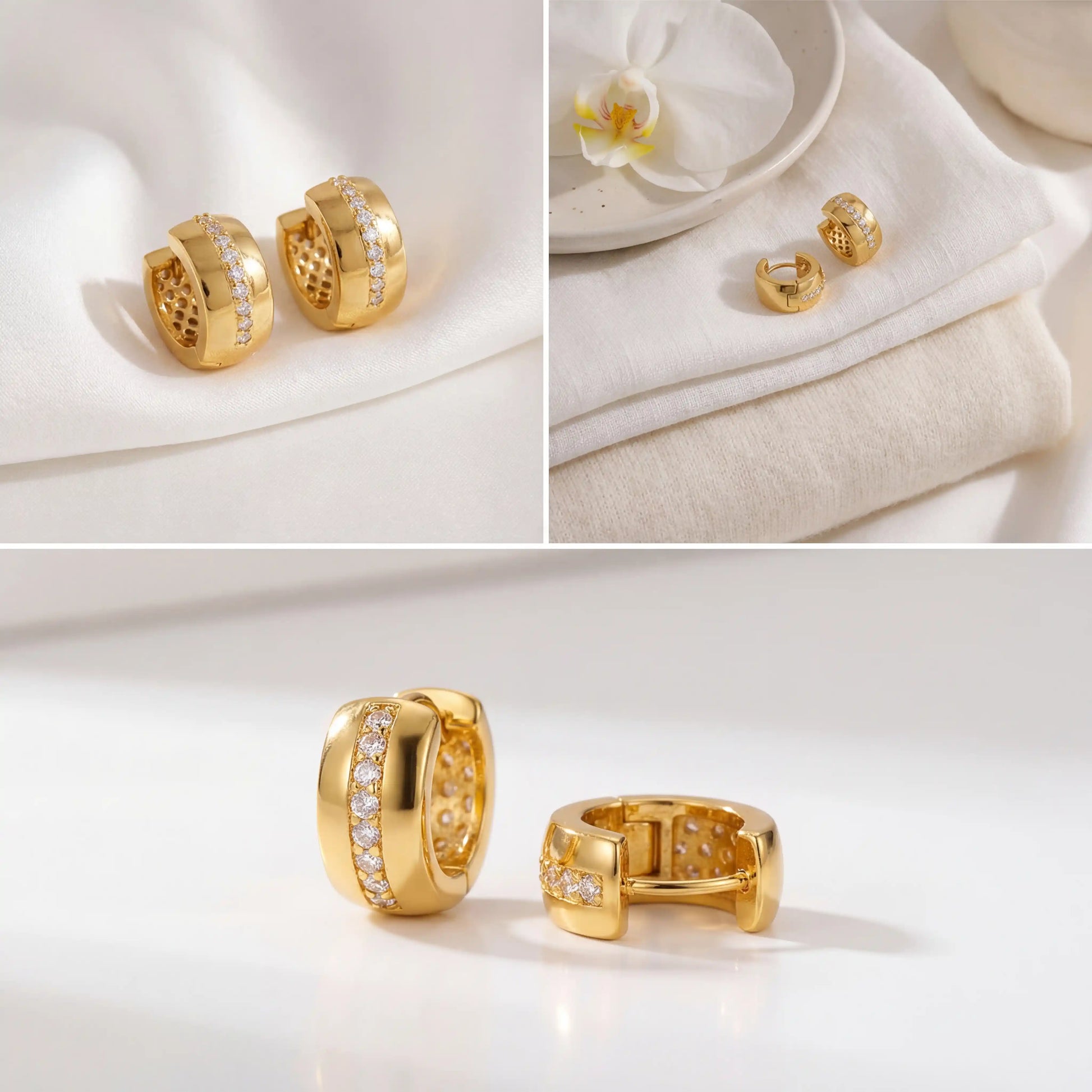 Aesthetic product photography of Vega crystal stripe hoops on white stone display.