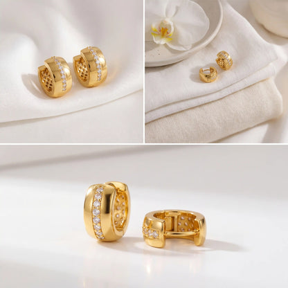 Aesthetic product photography of Vega crystal stripe hoops on white stone display.