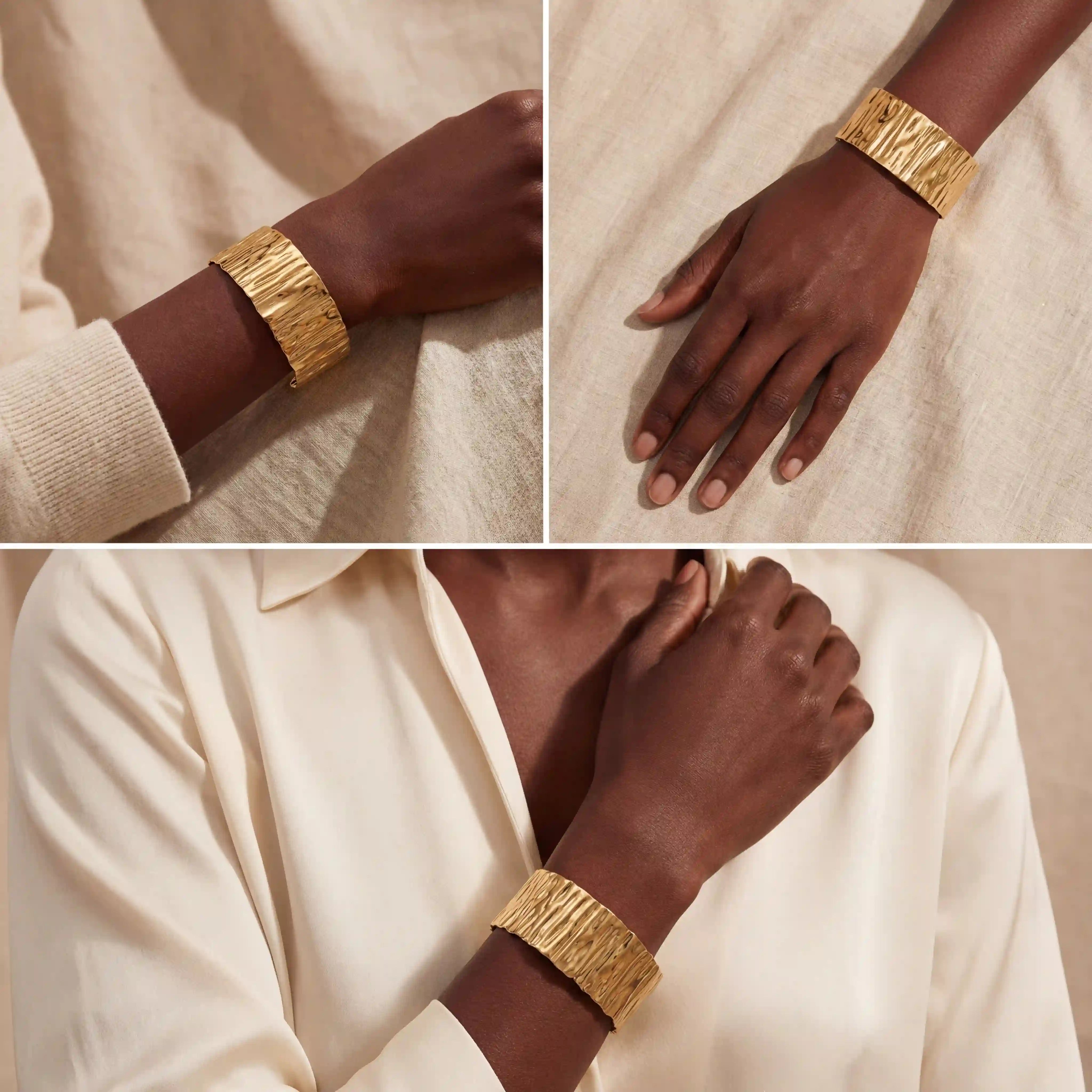 Fashion styling of wide gold statement cuff on black woman white shirt.