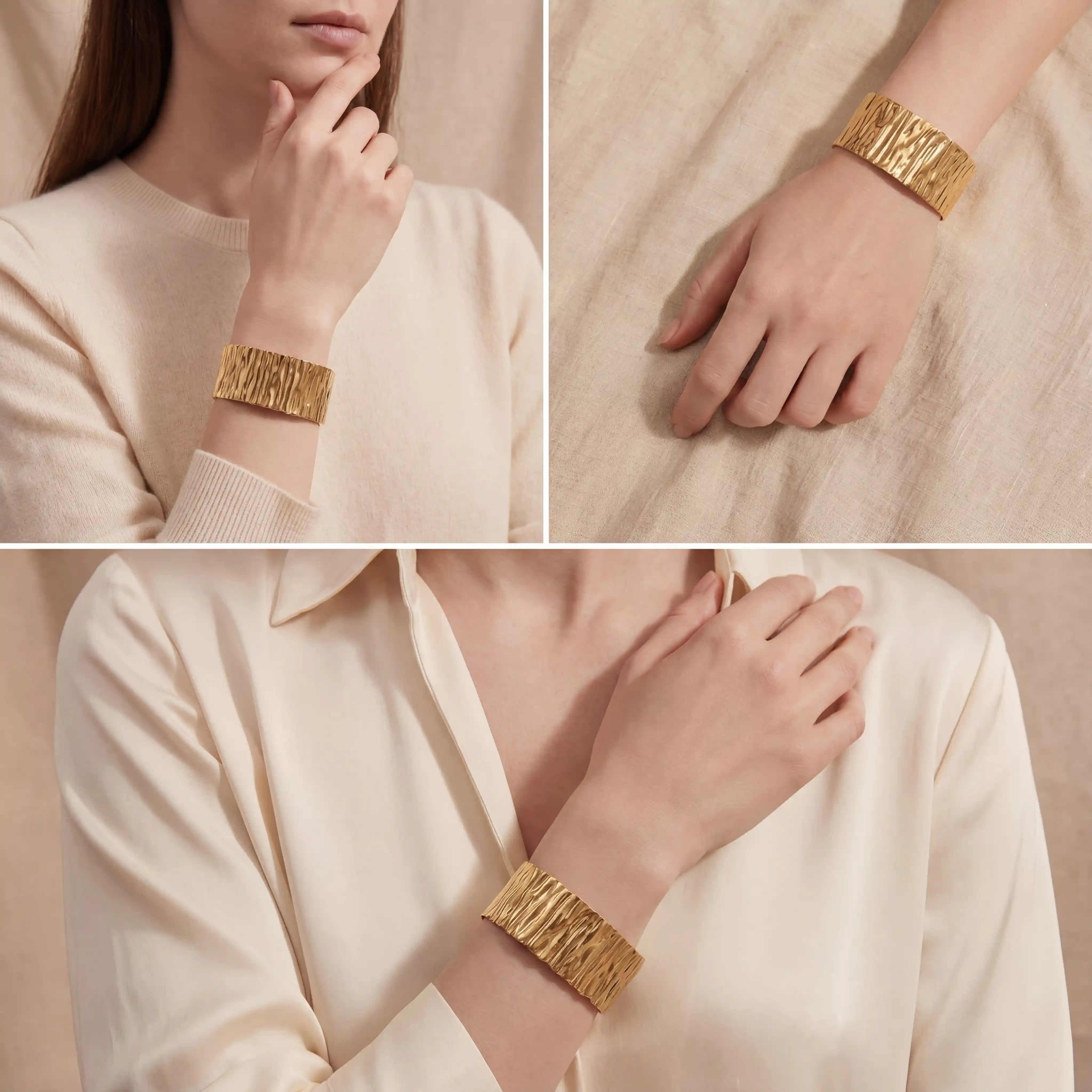 Lifestyle collage of woman wearing chunky gold crushed metal cuff with beige sweater.