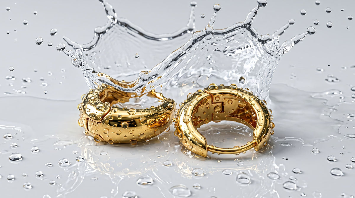 close up of 18K gold PVD stainless steel jewelry with polished finish
