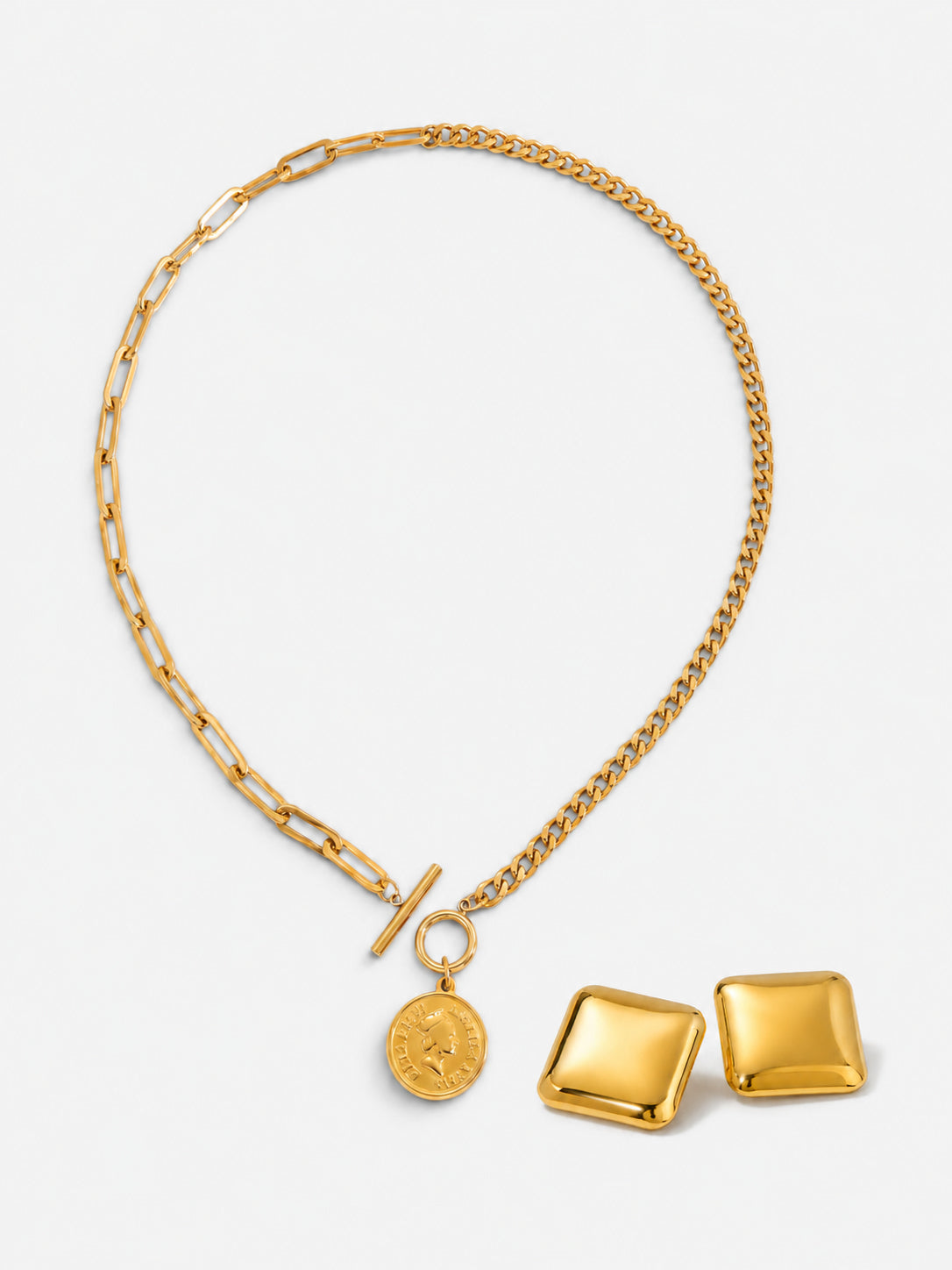 Gold necklace and earrings set with coin toggle necklace and square dome earrings