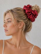 Model wearing Form Silk Pillow Scrunchie in Merlot