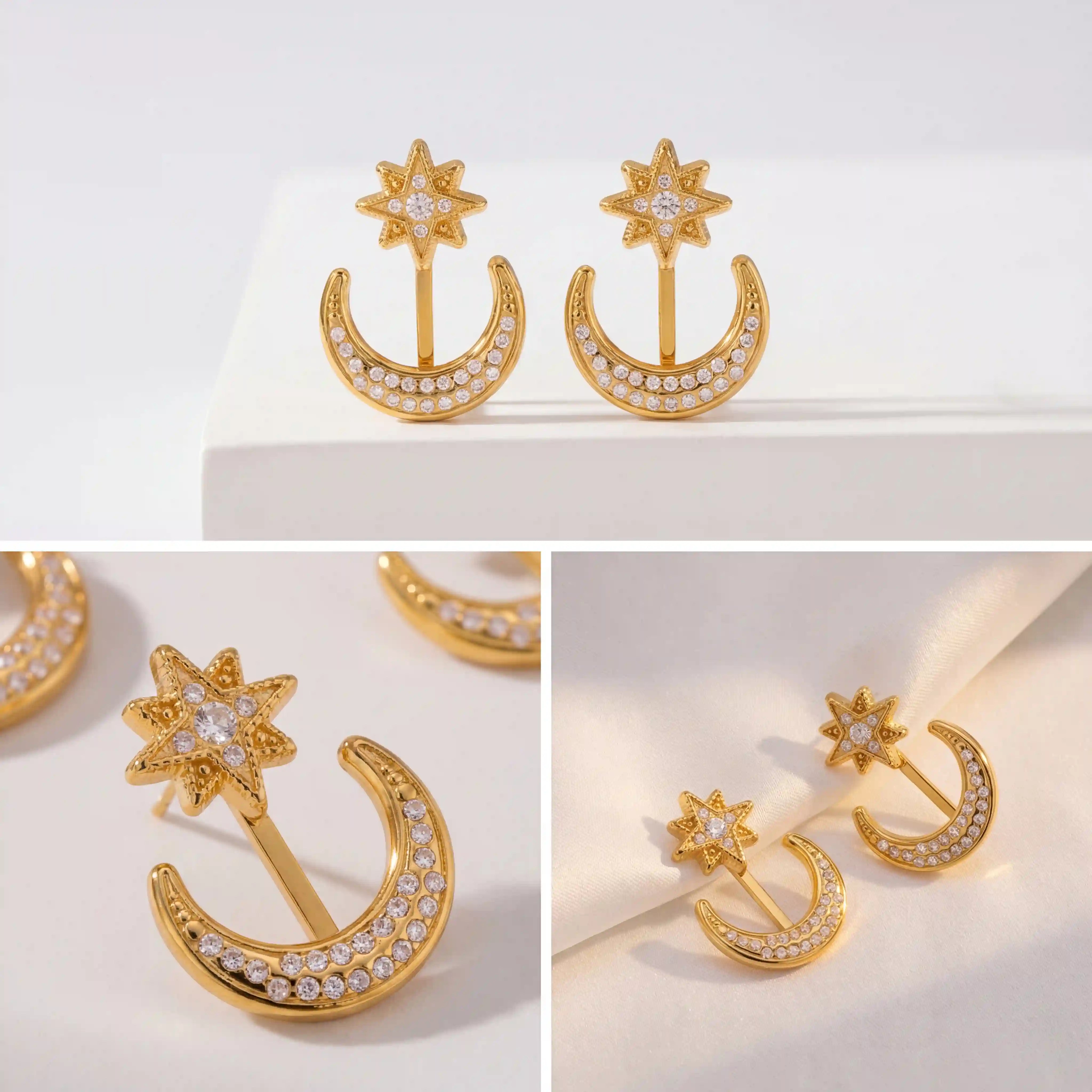 Aesthetic product photography of gold celestial ear jackets on white background.