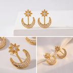 Aesthetic product photography of gold celestial ear jackets on white background.