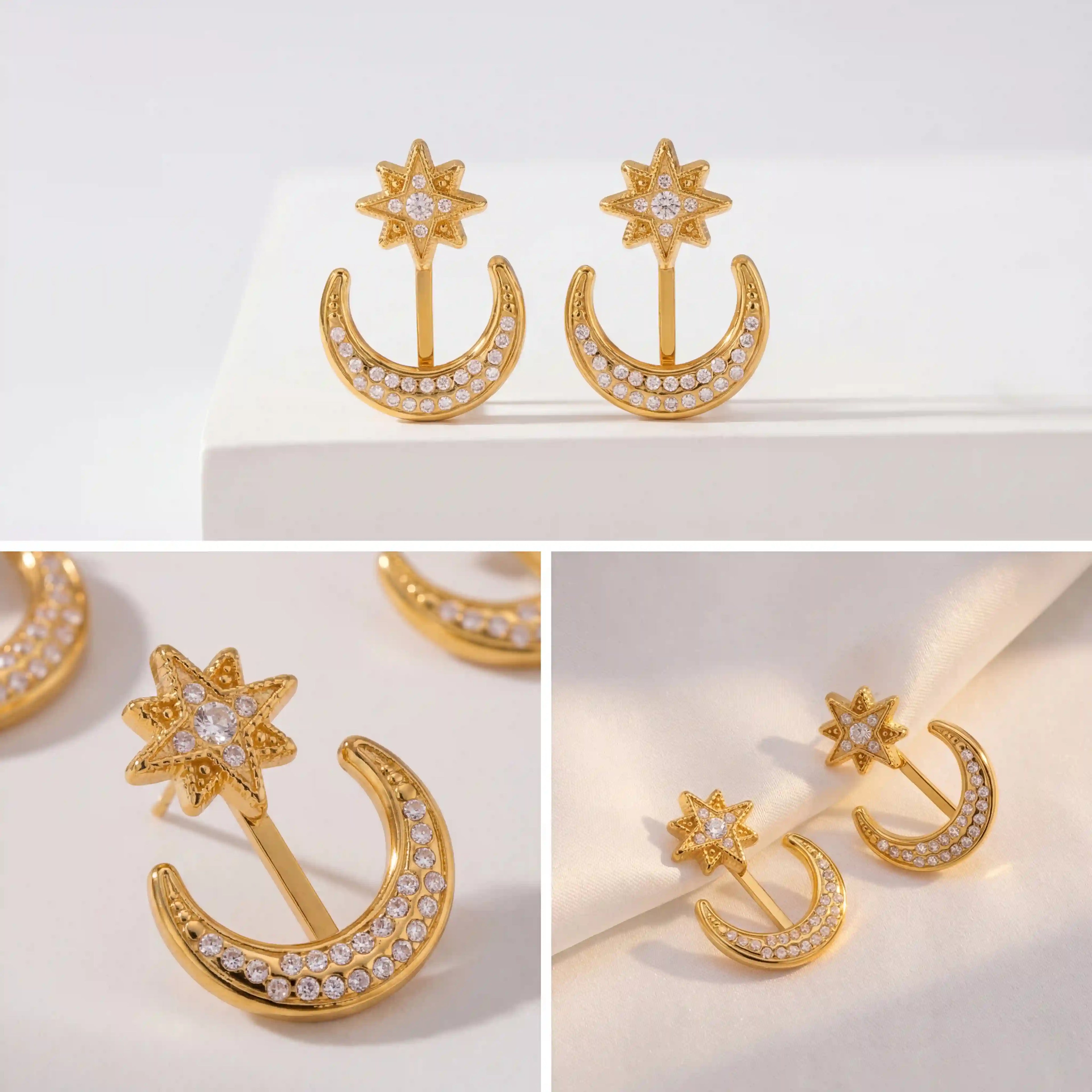 Aesthetic product photography of gold celestial ear jackets on white background.