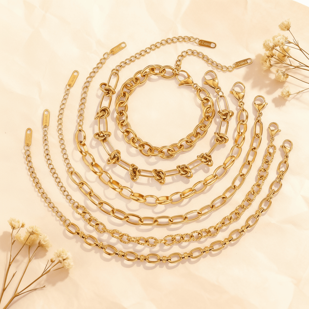 The complete Amalfi Layering Set with all six gold bracelets arranged in elegant concentric circles, displaying the full collection of tarnish-free chain styles.