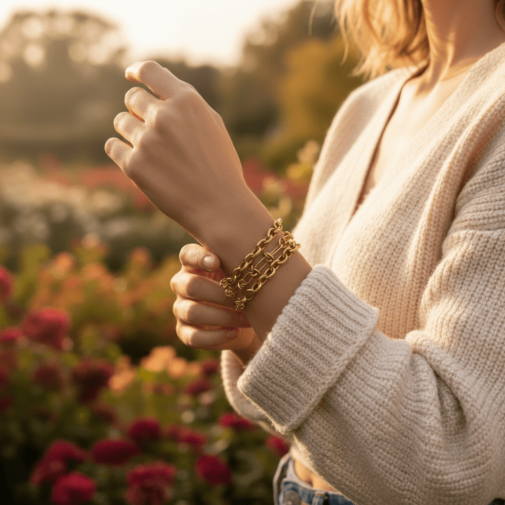 Lifestyle image of a woman in a cozy white sweater wearing The Amalfi Layering Set in a sunlit flower garden, showing the jewelry's effortless, everyday elegance.