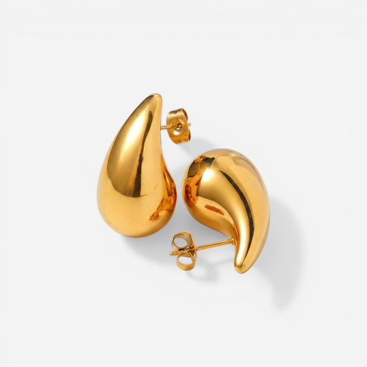 Pair of gold waterdrop stud earrings waterproof stainless steel liquid shape.