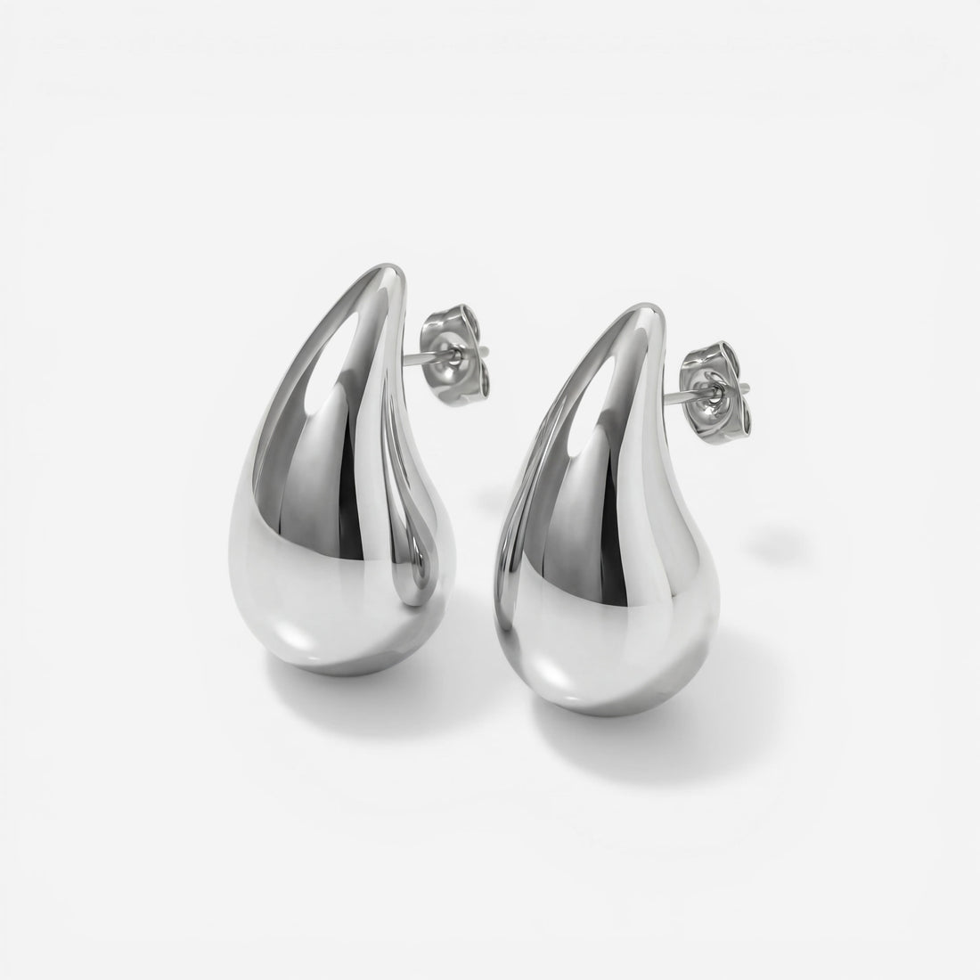 Silver liquid metal teardrop studs high polish stainless steel earrings.