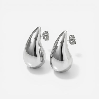 Silver liquid metal teardrop studs high polish stainless steel earrings.