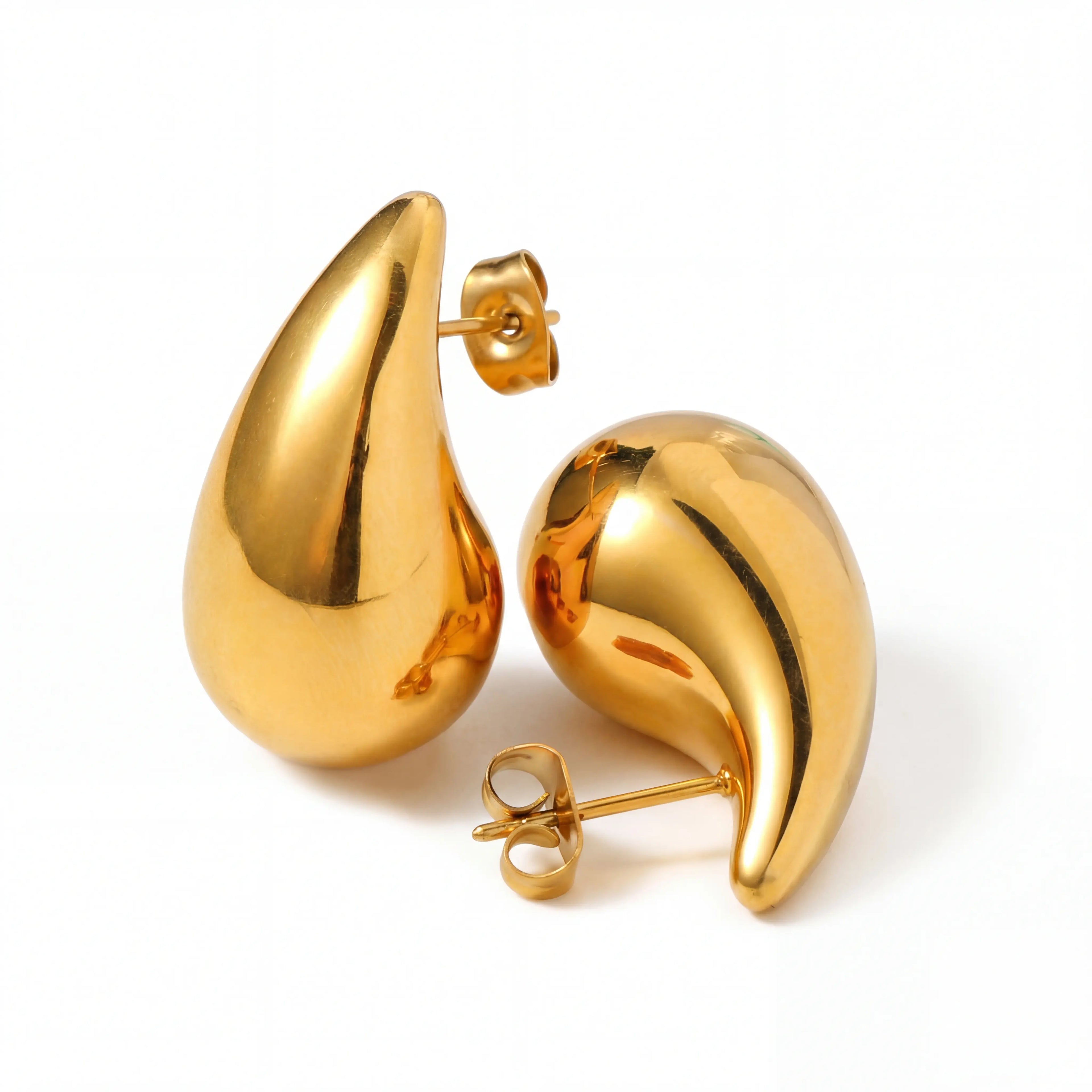 Pair of gold waterdrop stud earrings waterproof stainless steel liquid shape.