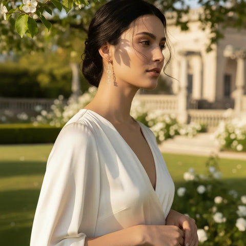 The Amor Earrings catching the sunlight as a model stands in profile in a classic European garden, adding a touch of modern romance to a timeless scene.