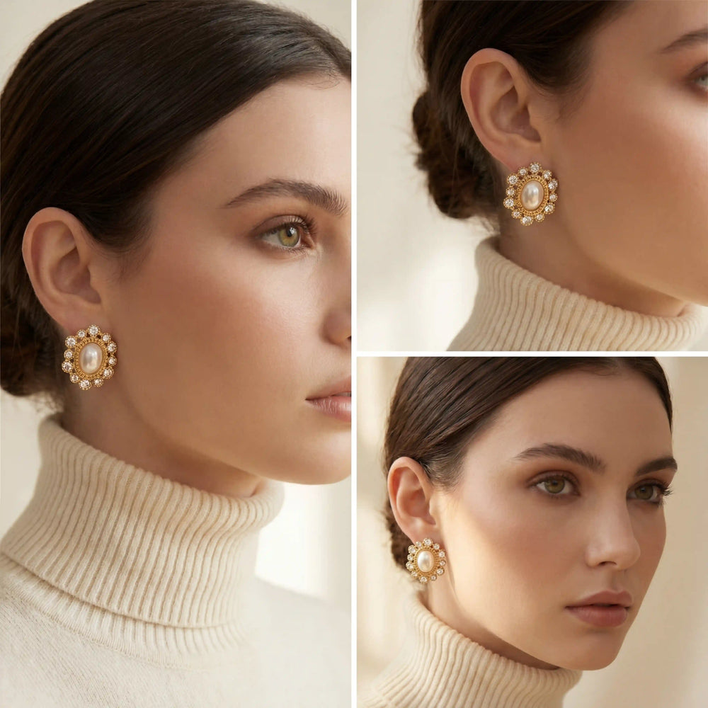 Lifestyle photography collage of woman styling victorian style pearl earrings old money look.