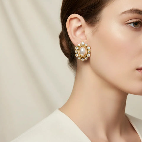 A fair-skinned model in a chic white blazer wears The Antoinette Earrings, showcasing them as the perfect accessory for a polished, professional, or formal outfit.