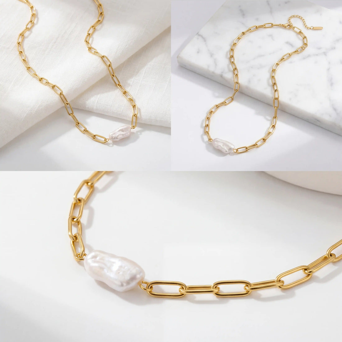 Aesthetic product photography of organic baroque pearl necklace on white marble background.
