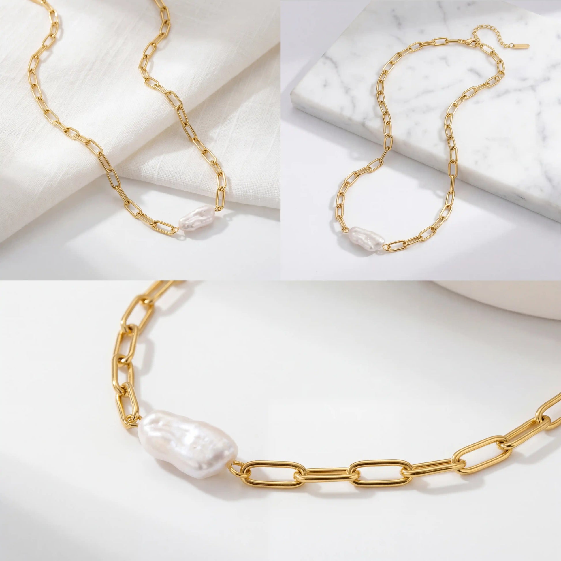 Aesthetic product photography of organic baroque pearl necklace on white marble background.