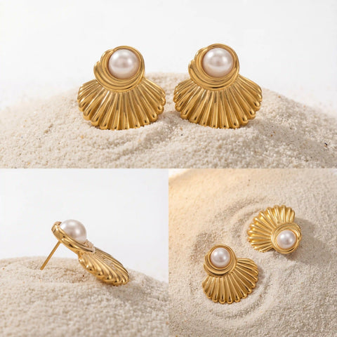 Aesthetic product photography collage of gold shell and pearl earrings on white sand.