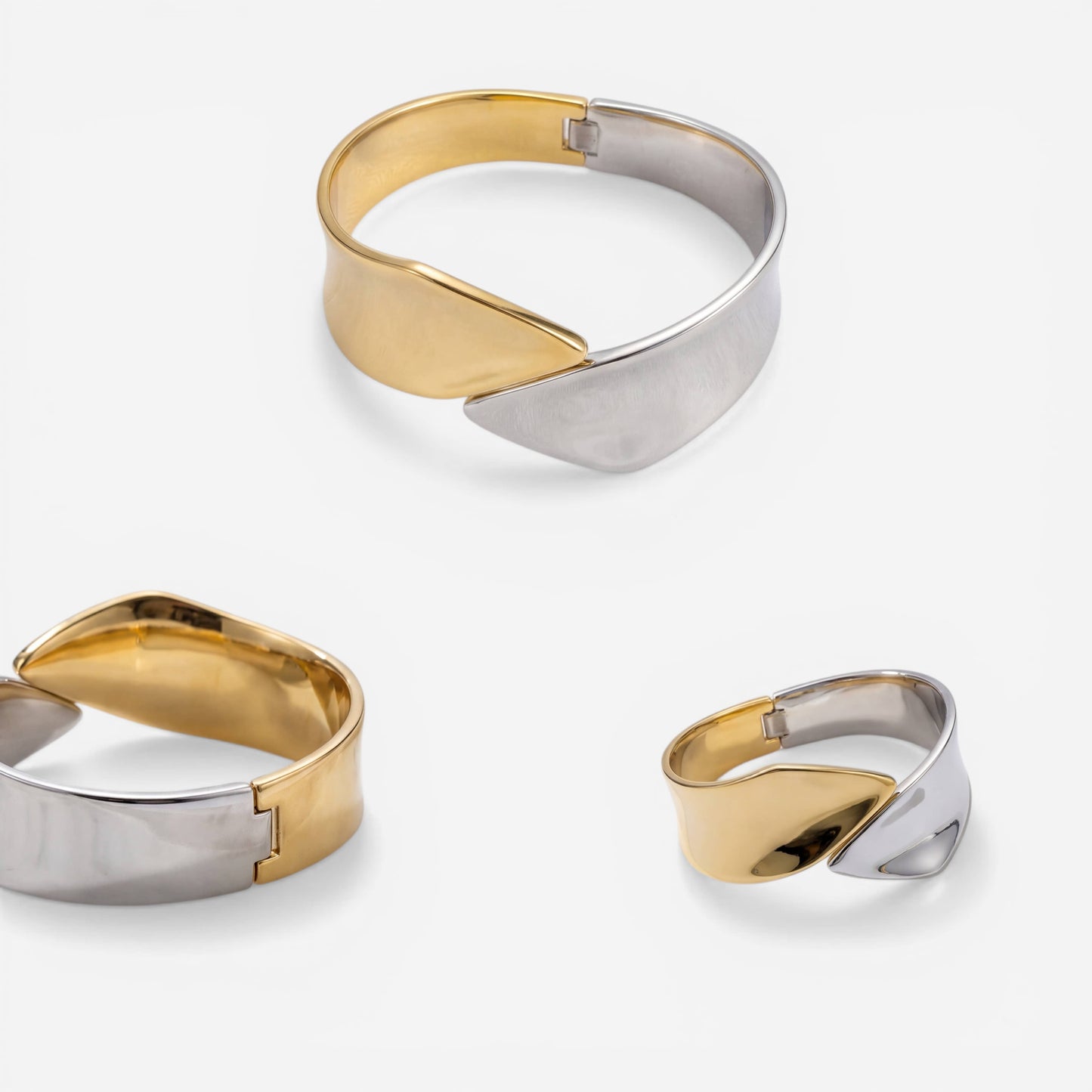 Aesthetic product photography collage of mixed metal gold and silver bangle details.