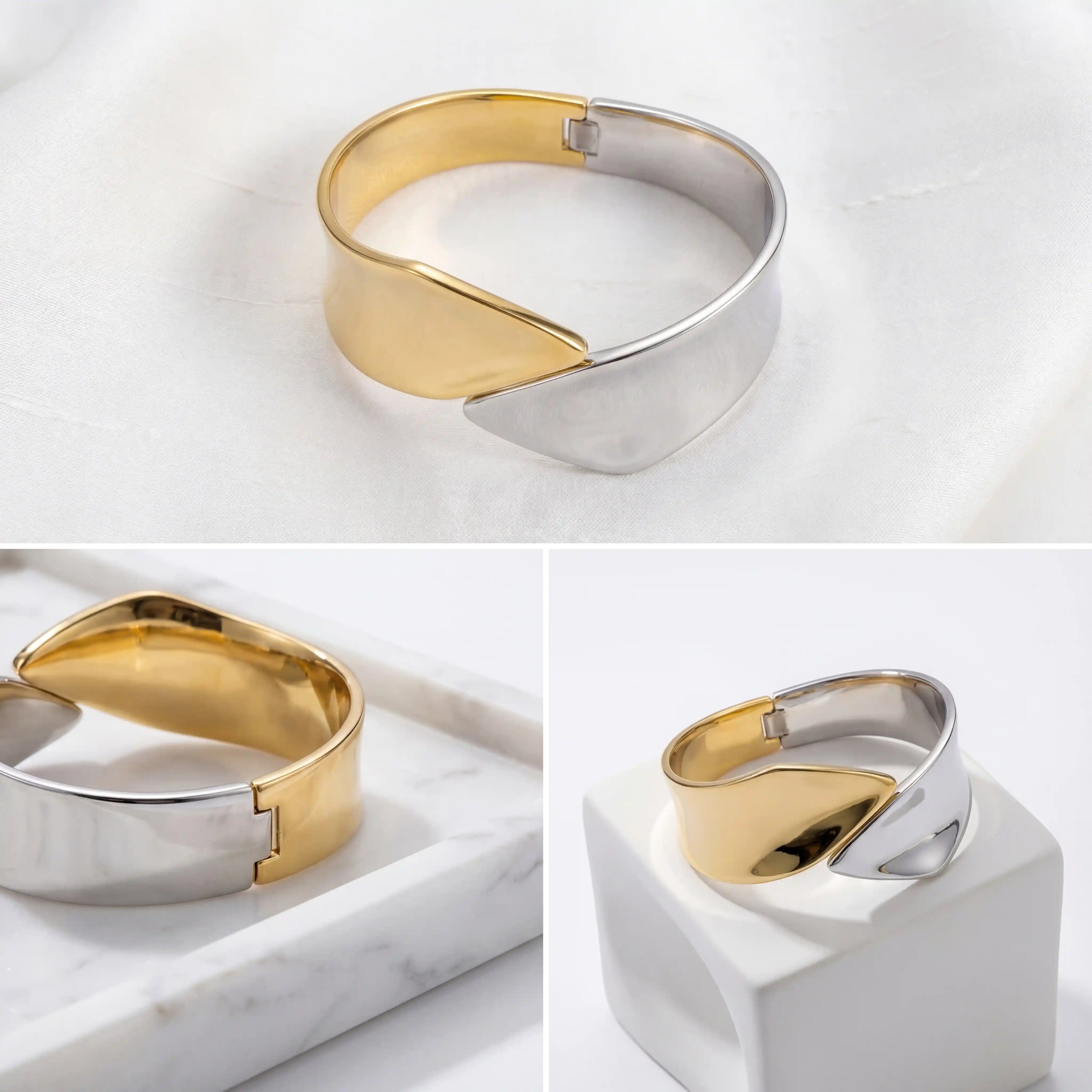 Aesthetic product photography collage of mixed metal gold and silver bangle details.