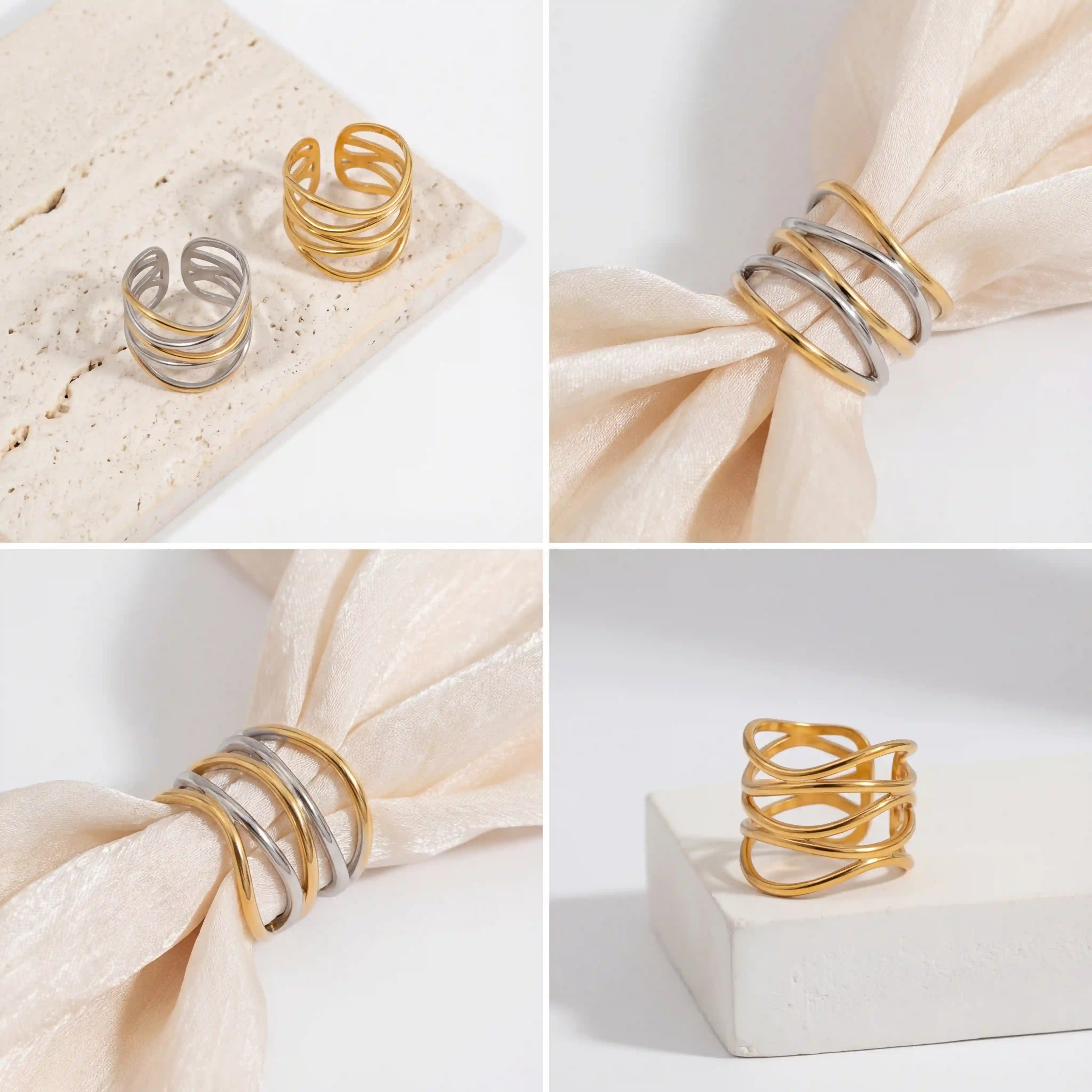 Aesthetic product photography collage of Ariadne rings on beige linen.