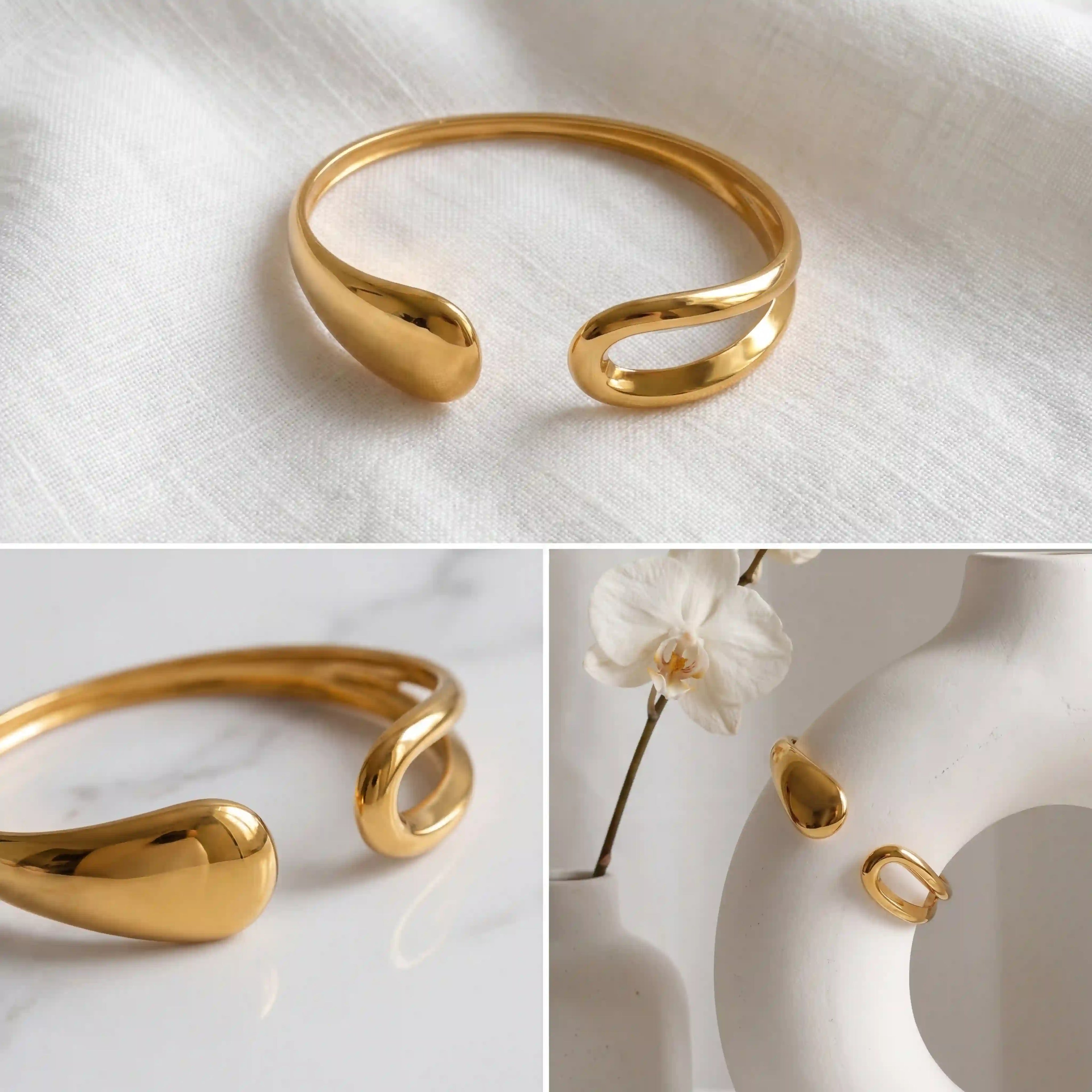 Aesthetic product photography collage of gold open cuff bracelet on white background.