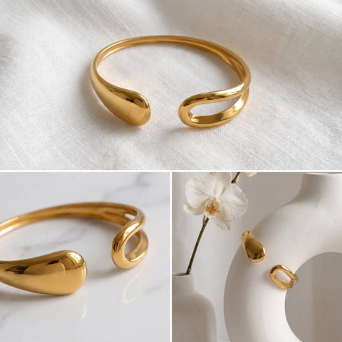 Aesthetic product photography collage of gold open cuff bracelet on white background.
