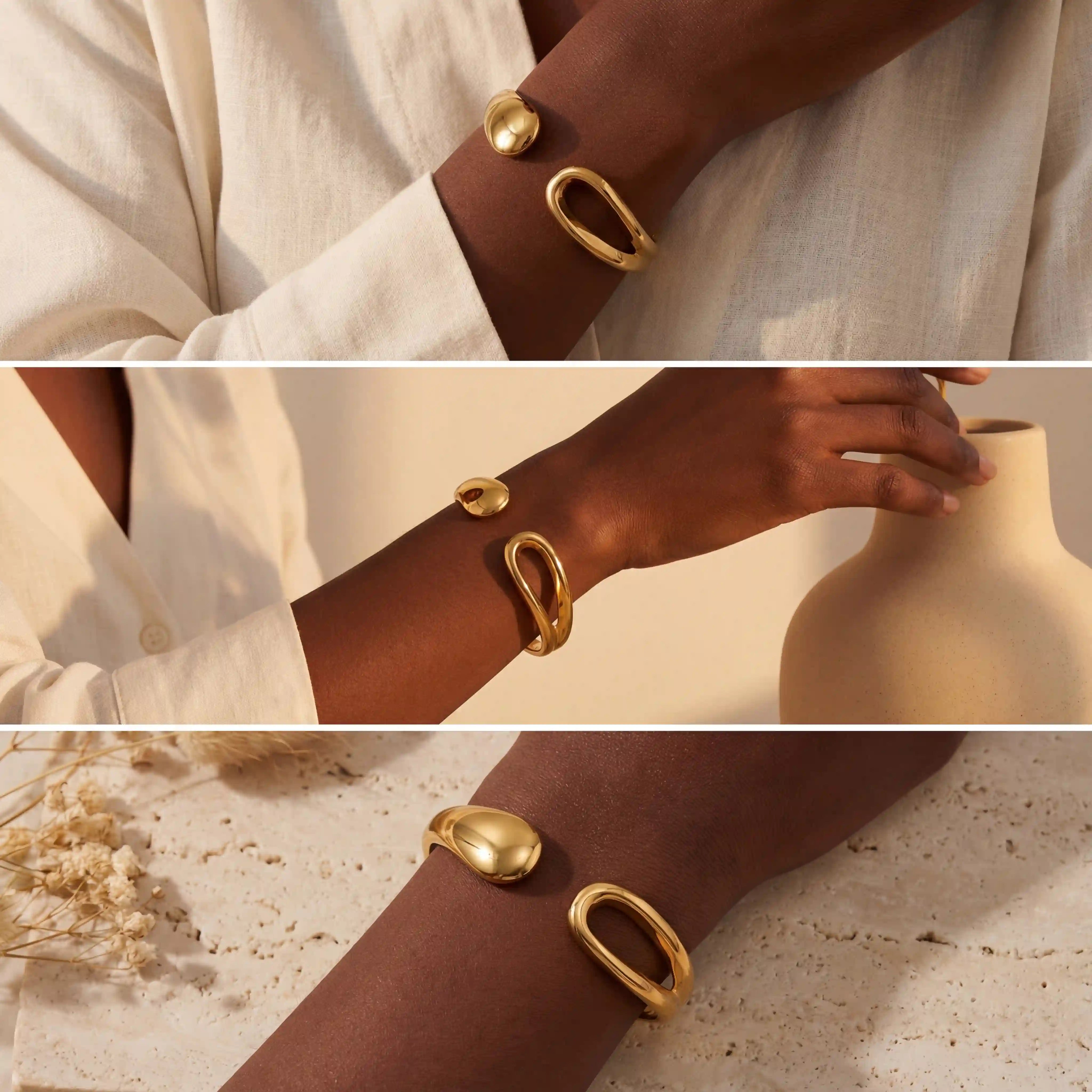 Fashion photography mood board of gold statement bangle on dark skin model.