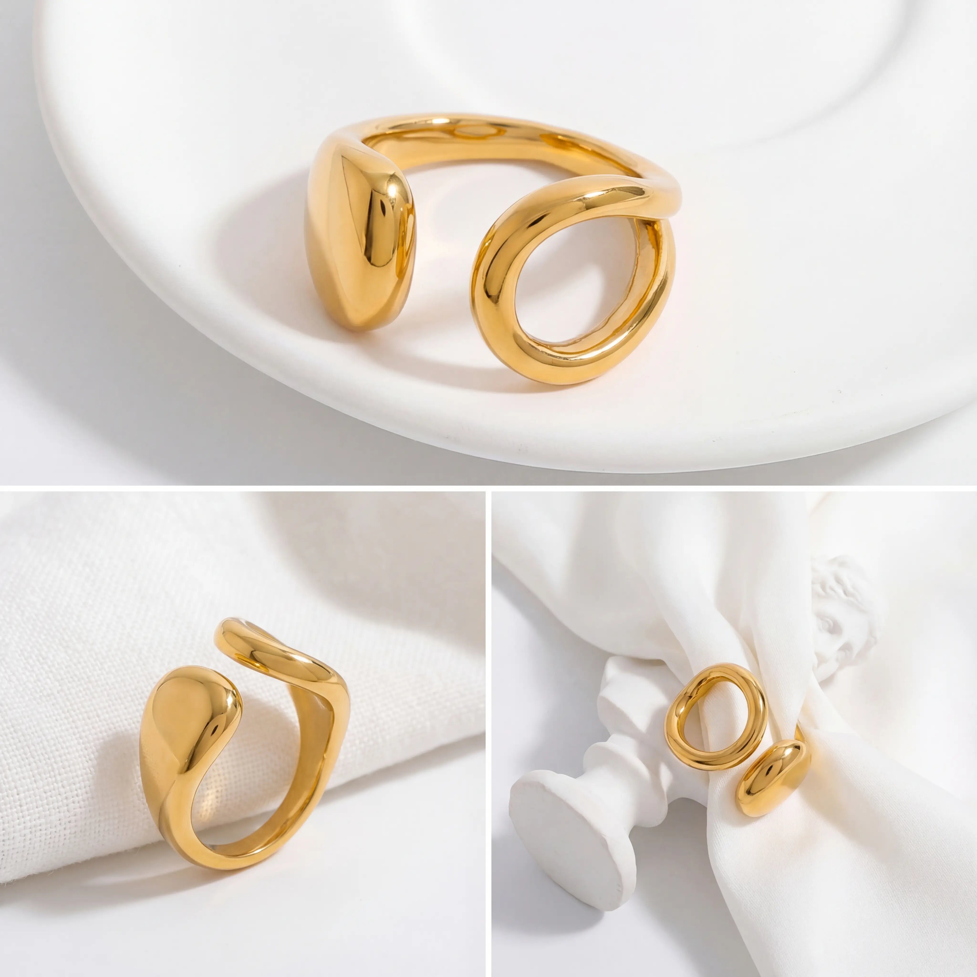 Aesthetic product photography collage of sculptural gold open ring details.