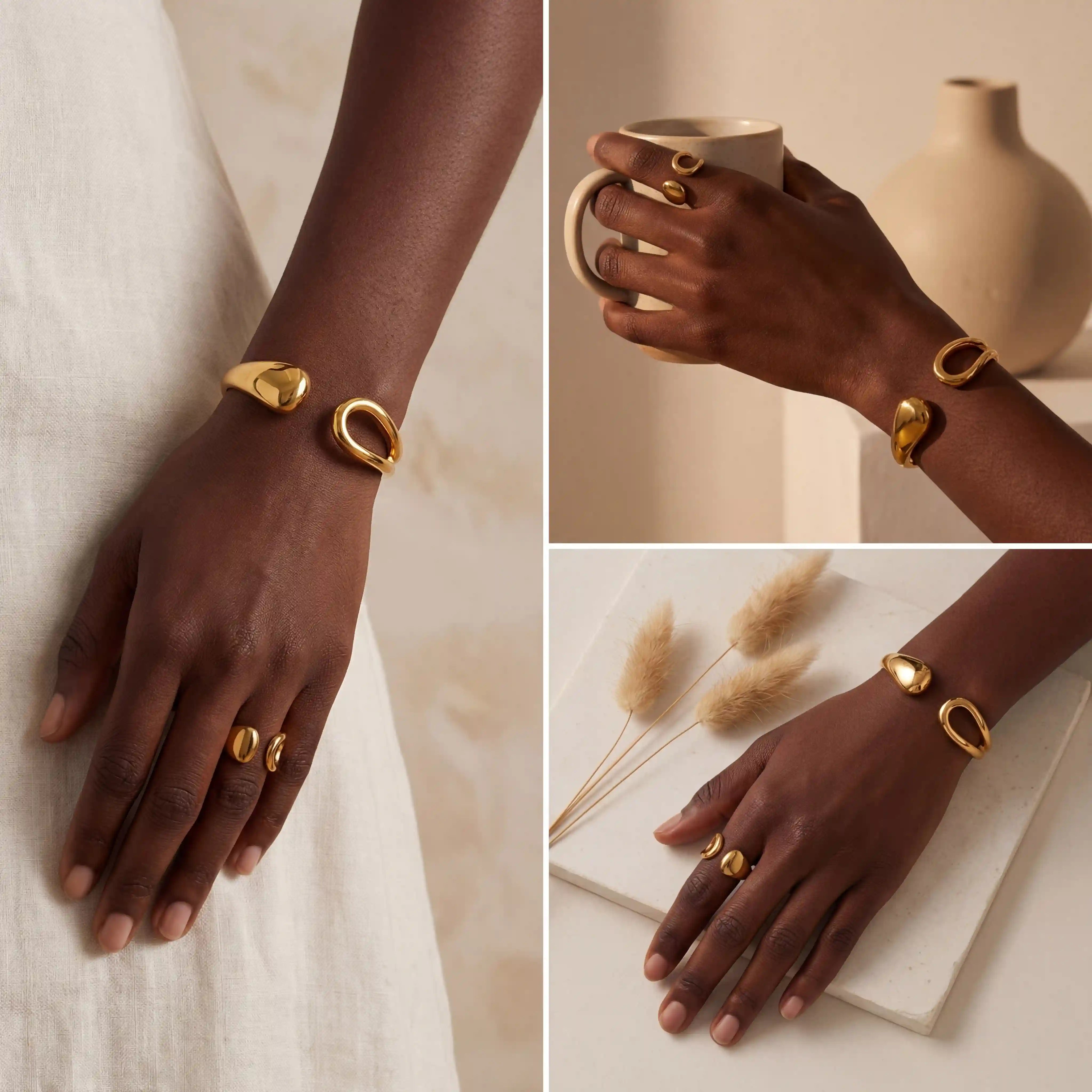 Fashion photography collage of chunky gold ring and matching cuff set on dark skin model.