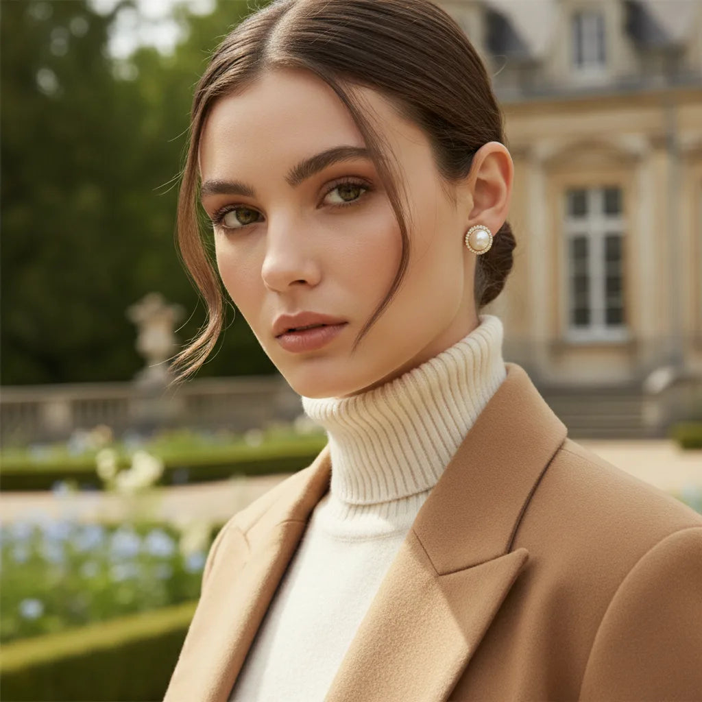 A model in a chic camel turtleneck and blazer wears The Athena Studs in a stately garden, embodying a timeless and intelligent sense of style."