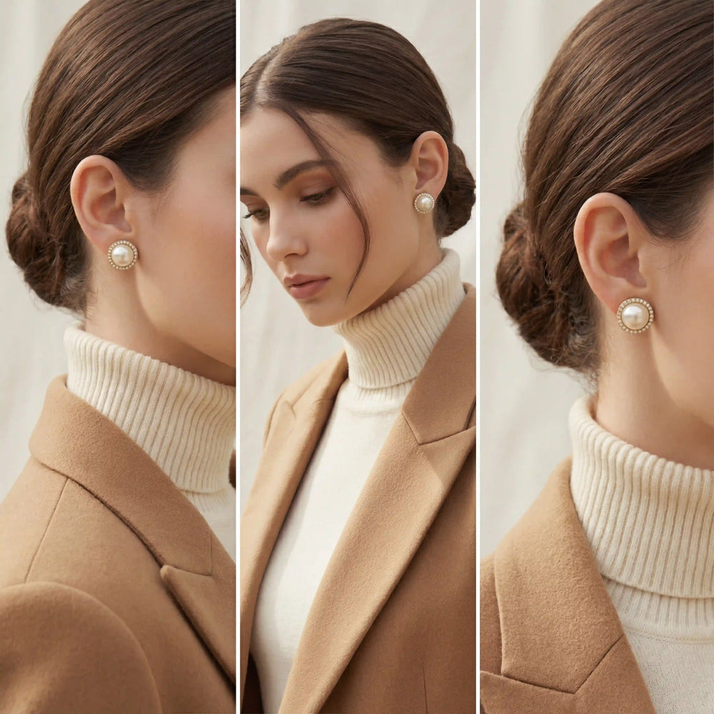 Lifestyle photography collage of woman styling elegant pearl and crystal studs old money look.